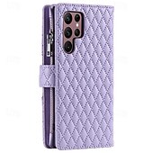 Χαμηλού Κόστους Samsung Θήκη-τηλέφωνο tok Για Samsung Galaxy S24 S23 S22 S21 S20 Ultra Plus FE A54 A34 A14 S25 Ultra Θήκη κάρτας πορτοφολιού Φερμουάρ με λουράκι καρπού Σταντ ποδηλάτου Γεωμετρικά σχήματα TPU PU δέρμα