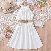 cheap Casual Dresses-Kids Girls&#039; Dress Solid Color Halter Neck Dress Above Knee Dress School Halter Off Shoulder Sleeveless Fashion Dress 7-13 Years Summer Light Green