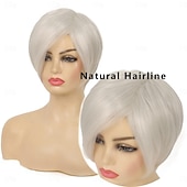 economico parrucca più vecchia-parrucche caschetto corto da pixie per donna parrucca di capelli lisci con taglio a caschetto bianco parrucca sintetica di ricambio per cosplay di Halloween argento bianco nero