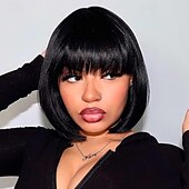 cheap Human Hair Capless Wigs-Brazilian Human Hair Wig with Bangs Remy Straight Hair Bob Wigs Full Machine Made Wig for Women 8-14Inches Glueless Bob Wig