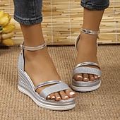 voordelige Sleehaksandalen-Zilveren glittersandalen met enkelbandje voor dames – stijlvolle platformhakken voor zomer-, casual- en avondkleding