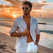 preiswerte Herren Elite Hemden-Herren Hemd Sommerhemd Freizeithemd Knopfhemd Schwarz Blau Langarm Streifen Revers Urlaub Alltagskleidung Bekleidung Baumwolle 100% Baumwolle Mode Hawaiianisch Lässig