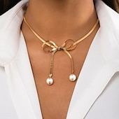 baratos Colares-Colares com Pendentes Imitação de Pérola Mulheres Elegante Moda Clássico Com Laço Casamento Irregular Colar Para Casamento Festa