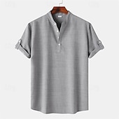 Men's Shirt Linen Shirt Chinese Collar Shirt Mandarin Collar Shirt Casual Shirt Cotton Shirt Plain Vacation Street Black Yellow Light Green Pink Short Sleeve Band Collar Summer Clothing Apparel 31