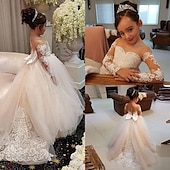 cheap Flower Girl&#039;s Dresses-Kids Girls&#039; Flower Girl Dress Party Dress Solid Color Long Sleeve Performance Wedding Party Mesh Princess Sweet Mesh Mid-Calf Sheath Dress Tulle Dress Summer Spring Fall 2-12 Years 4-12 Years White