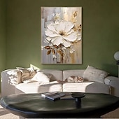 billiga Blom- och växtmålningar-handmålad texturerat guld blomma oljemålning väggkonst abstrakt vit blomma målning på duk minimalistisk modern blommig oljemålning för vardagsrum målning elegant väggdekor fancy väggkonst