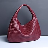 billige Vesker og totes-vevd hobo-veske i kunstskinn for kvinner – elegant burgunder-skulderveske for hverdagsbruk og uformelle utflukter