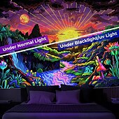 cheap Blacklight Tapestries-Blacklight Tapestry UV Reactive Glow in the Dark Glow Party Neon Mushroom Landscape Psychedelic Trippy Misty Hanging Tapestry Wall Art Mural for Living