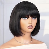 cheap Human Hair Capless Wigs-Brazilian Human Hair Wig with Bangs Remy Straight Hair Bob Wigs Full Machine Made Wig for Women 8-14Inches Glueless Bob Wig