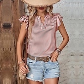 Χαμηλού Κόστους Γυναικεία Ριγέ και Γεωμετρικά Τοπ-γυναικείο πουκάμισο μπλούζα casual ριγέ βολάν στάμπα κοντό μανίκι κανονικά μπλουζάκια v λαιμό καθημερινά κόκκινο μπλε ναυτικό μπλε καφέ πράσινο καλοκαίρι