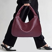 billige Vesker og totes-vevd hobo-veske i kunstskinn for kvinner – elegant burgunder-skulderveske for hverdagsbruk og uformelle utflukter