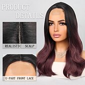baratos Perucas Sintéticas com Renda-Peruca sintética Ondulado Estilo 18 polegada Multi Cores Parte do meio Parte U Peruca Mulheres Peruca Preto / Roxo