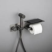 economico Rubinetti per bidet-spruzzatore per bidet oro spazzolato valvola in ottone a pulsante nascosto con ripiano porta carta spruzzatore in plastica tubo in pvc grigio