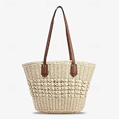 economico Borsette e borse tote-Per donna Sacca Borsa da mare Borsa di paglia Paglia Esterno Per eventi Spiaggia Cerniera Massima capacità Tinta unica bianco Kaki
