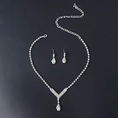 tanie Naszyjnik damski-Elegancki srebrny komplet biżuterii z kryształkami – naszyjnik z kryształkami w kształcie łezki i wiszące kolczyki dla kobiet