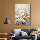 billiga Blom- och växtmålningar-handmålad texturerat guld blomma oljemålning väggkonst abstrakt vit blomma målning på duk minimalistisk modern blommig oljemålning för vardagsrum målning elegant väggdekor fancy väggkonst