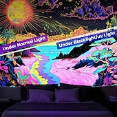 cheap Blacklight Tapestries-Blacklight Tapestry UV Reactive Glow in the Dark Glow Party Neon Mushroom Landscape Psychedelic Trippy Misty Hanging Tapestry Wall Art Mural for Living