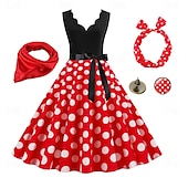 economico Outfit-Abito Rockabilly A-Line per Donne con Pois Abito Swing Abito Flare con Set di Accessori Abiti Grease anni &#039;50 Retro Vintage anni &#039;60 con Fascia per Capelli Sciarpa Orecchini per Abito da Festa