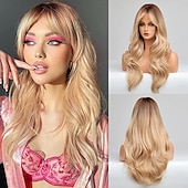 economico Parrucche trendy sintetiche-marrone marrone chiaro vino rosso nero biondo lunghe parrucche per le donne lunga parrucca riccia ondulata con la frangetta parrucca sintetica naturale per le donne capelli naturali resistente al