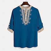 voordelige Etnisch patroon-Voor heren Overhemd linnen overhemd Overhemd met knopen Lange mouw Mode-casual Vakantie Causaal Casual Zomer Lente &amp; Herfst Opstaand Knop Afdrukken Licht Blauw Rood blauw Groen
