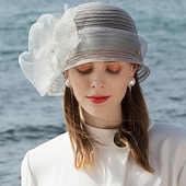 billige Festhatter-Hatter Fiber Bøttehatt Solhatt Bryllup Te Fest Elegant Bryllup Med Blomster Perledetaljer Hodeplagg Hodeplagg