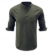 cheap Business Casual-Men&#039;s Shirt Linen Shirt Chinese Collar Shirt Mandarin Collar Shirt Popover Shirt Casual Shirt Plain Vacation Hawaiian Black White Navy Blue Green Long Sleeve Band Collar Spring &amp;  Fall Clothing
