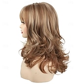 cheap Older Wigs-Medium Mixed Blonde Curly Wavy Wig Synthetic Wig Yaki Straight With Bangs Wig Medium Length Blonde Synthetic Hair Women&#039;s Blonde