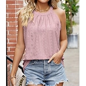 ieftine Bluze &amp; Camisole Damă-Woman&#039;s Camisola Top Fără Mâneci Guler Halter Fără Mâneci Dantelă Tăiată Elastic Moale Guler Înalt Vară Casual Turcoaz Ușor Versatil Îmbrăcăminte de Plajă