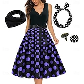 economico Outfit-Abito Rockabilly A-Line per Donne con Pois Abito Swing Abito Flare con Set di Accessori Abiti Grease anni &#039;50 Retro Vintage anni &#039;60 con Fascia per Capelli Sciarpa Orecchini per Abito da Festa
