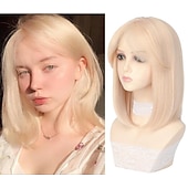 cheap Older Wigs-Curly Wavy Short Bob Wig With Bangs For Girls Women Daily Use Shoulder Length Side Part Synthetic Hair Replacement Wigs Natural Looking 12 inch