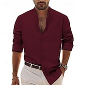 economico Casual da lavoro-Per uomo Camicia Camicia in lino e cotone Camicia in cotone bianco Camicia con colletto cinese Camicia con colletto alla coreana Maglietta informale Liscio Da mare Hawaiano Nero Bianco Vino Blu marino