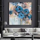 baratos Pinturas Florais/Botânicas-Pintura a óleo artesanal em tela, arte de parede, decoração moderna, abstrata, azul, rosa, flor para decoração de casa, rolou, sem moldura, pintura não esticada