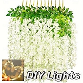 economico Striscie luci a batteria-elegante ricevimento di nozze festa 12 pezzi fiori pendenti di glicine bianco con lucine a led, ghirlanda di glicine artificiale appesa per decorazioni murali di sfondo per feste di nozze