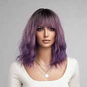 abordables Perruques Synthétiques Sans Bonnet-gris vert rose blonde violet perruque pour femmes ombre violet bob perruque mardi gras perruques courtes bouclés ondulés noir à violet perruque avec frange synthétique résistant à la chaleur