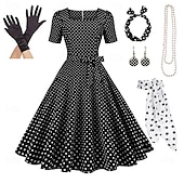 economico Outfit-Retrò Vintage Anni 1950 Rockabilly Gonna a cerchio Abito a Linea Tutu A Pois Per donna Festa / Sera Mascherata Addio al Nubilato Adulti Vestito Guanti Orecchini Primavera &amp; Estate