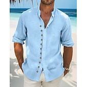 economico Vacanza-Per uomo Camicia camicia di lino Camicia estiva Abbigliamento mare Maglietta informale Camicia con bottoni Liscio Da mare Curise Nero Bianco Verde chiaro Rosa Manica lunga Colletto alla coreana