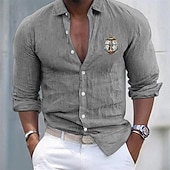 economico Vacanza-Per uomo Camicia Camicia in lino e cotone Camicia in cotone bianco Maglietta informale Ancora Informale Giornaliero Nero Bianco Rosa Grigio Manica lunga Collo ripiegabile Estate Abbigliamento