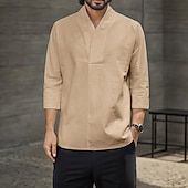 economico Casual da lavoro-Per uomo Camicia Camicia in lino e cotone Camicia in cotone bianco Maglietta informale Liscio Hawaiano Per eventi Nero Bianco Giallo Blu marino Maniche a 3/4 A V Primavera estate Abbigliamento