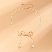 baratos Colares-Colares com Pendentes Imitação de Pérola Mulheres Elegante Moda Clássico Com Laço Casamento Irregular Colar Para Casamento Festa