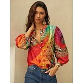 abordables Tops Boho pour Femmes-Chemise Femme Manches Longues Blouse Boutonnée Quotidienne Basique Néon  Lumineux Boutons Imprimé Hauts Regular Col en V Décontracté Jaune Orange Automne  Hiver
