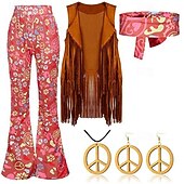 preiswerte Outfits-Hippie Scheibe Retro Vintage 1960er Hippie 1970er Hosen Cosplay Kostüm Austattungen Weste Stirnband Damen Mädchen Quaste Halskette Ohrringe Jahrgang Karnival Maskerade Ärmellos Weste Schlager Outfit