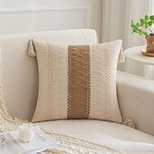 cheap Textured Throw Pillows-Throw Pillow Covers with Tassels for Farmhouse Living Room, Cotton &amp; Burlap Textured Striped Woven Boho Pillow Covers (Beige &amp; Brown, Single Striped)