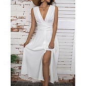 abordables Robes décontractées blanches-robe longue femme élégante blanche col en V sans manches taille cintrée ligne A soirée formelle mariage bal printemps été taille complète coupe flatteuse vêtements vêtements