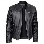 cheap Faux Leather Jackets-Male Faux Leather Jacket Transition Jacket Biker Jacket Casual Daily Travel Pocket All Seasons Solid / Plain Color Leisure Sweet Standing Collar Regular Black Royal Blue Brown Khaki Jacket