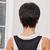 お買い得  人毛キャップレスウイッグ-ショート ピクシー カット ボブ 人毛ウィッグ ストレート ブラック ブラウン レミー ヘア 女性用 ナチュラル レイヤード ウィッグ 前髪付き ウィッグ