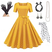 economico Outfit-Retrò Vintage Anni 1950 Rockabilly Gonna a cerchio Abito a Linea Tutu A Pois Per donna Festa / Sera Mascherata Addio al Nubilato Adulti Vestito Guanti Orecchini Primavera &amp; Estate