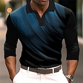 billiga Geometrisk pikétröja för män-Herr Geometrisk Pikétröjor Golftröja Långärmad Polotröjor Skjortor med krage Business Casual Arbetskläder Högtidskläder Festivalkläder Knappar 3D-utskrift Höst vinter Vit Vin Blå