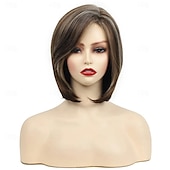 voordelige oudere pruik-pruik natuurlijk golvend asymmetrisch met pony pruik kort lichtbruin synthetisch haar dames klassiek lichtbruin korte bob pruiken met highlights natuurlijk ogende pruiken