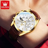 Χαμηλού Κόστους Ρολόγια Quartz-OLEVS Ανδρικό Ρολόι Κουρδιστό Μόδας Καθημερινής Χρήσης Φάση Σελήνης Λαμπερό Ημερολόγιο Χρονογράφος Ρολόι Δερμάτινο Λουράκι