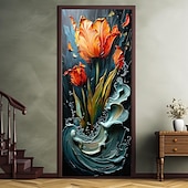 billige Dørdeksler-3d blomster dørdeksler veggmaleri dekor dør billedvev dør gardin dekorasjon bakgrunn dør banner avtakbar for inngangsdør innendørs utendørs hjemme rom dekorasjon gårdshus dekor forsyninger